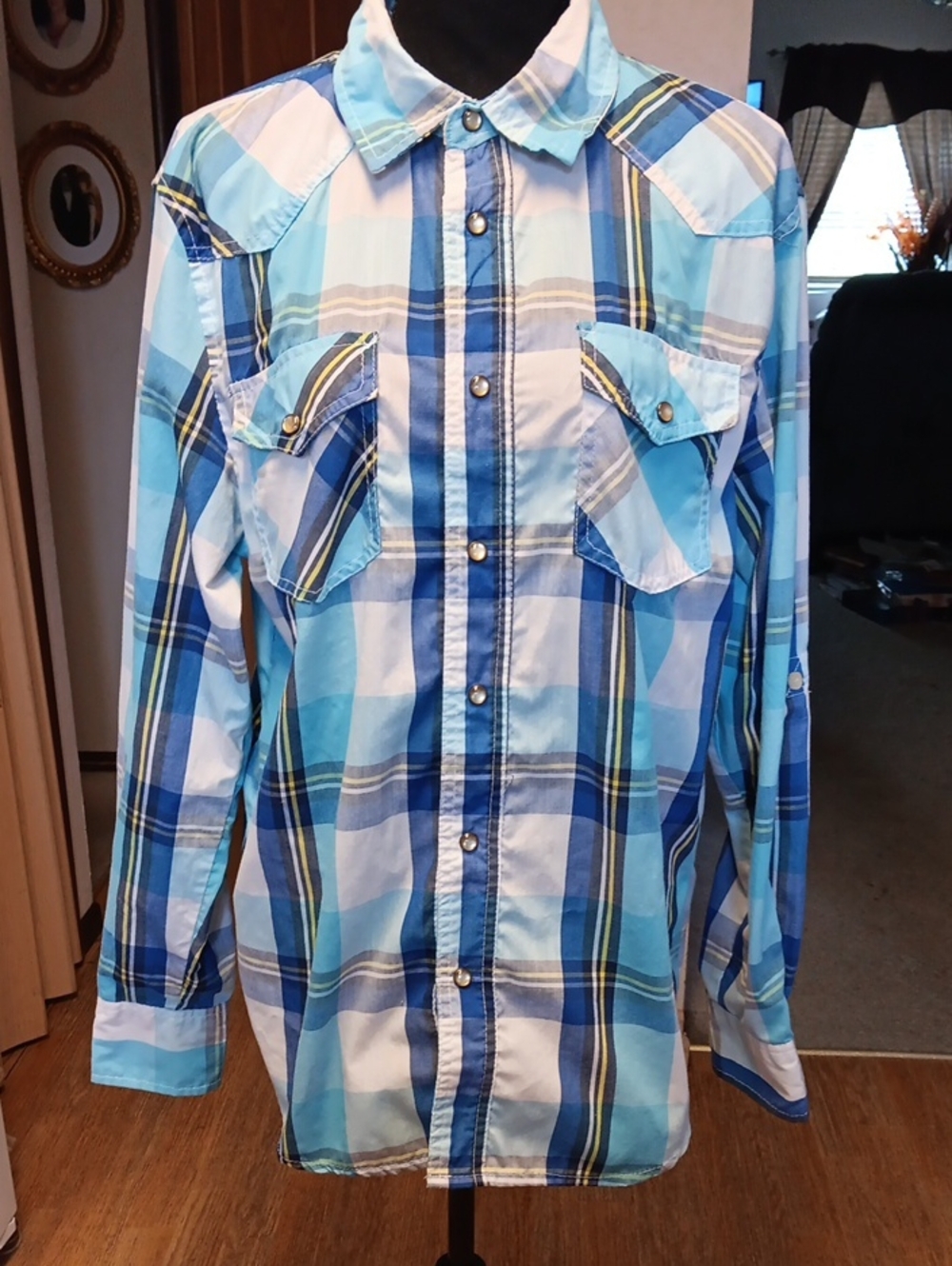 Ditch Plains Men's Blue Plaid Pearl Snap-Up Shirt Size L